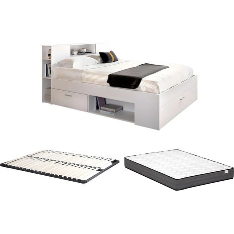 Letto con testata con vani portaoggetti e cassetti 140 x 190 cm: Bianco + Rete + Materasso LEANDRE (1/5)