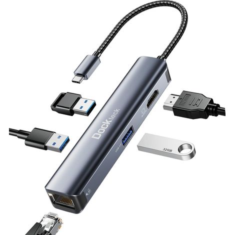 Hub USB C, 5 en 1 Adaptateur USB C Aluminium vers Ethernet RJ45 avec HDMI 4K,3 USB 3.0, pour Surface Pro 8/9,MacBook Pro/Air M1 2021, iPad Pro/Air 4/Air 5 2022 (1/5)