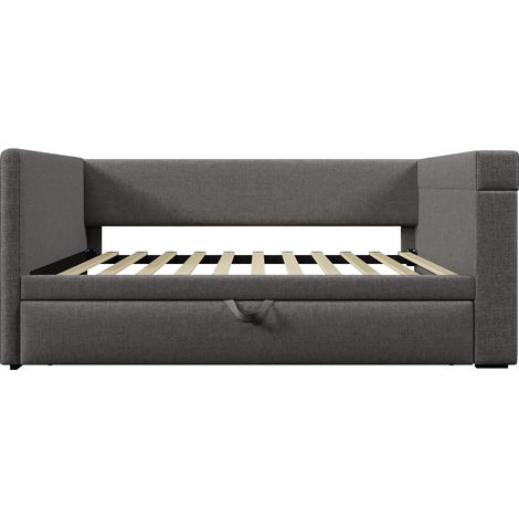 Letto da giorno imbottito 90x190 cm con letto estraibile, USB-C e portabicchieri grigio (1/5)