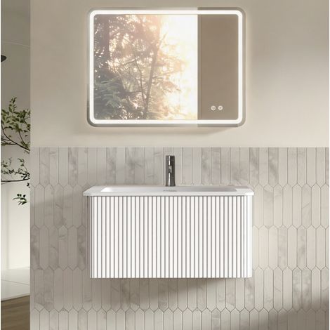 Mobile bagno sospeso con lavabo e specchio LED 80 x 60 cm, bianco, OKMYHOME (1/5)
