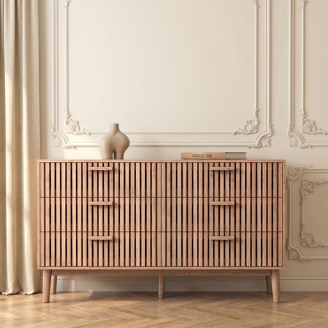 Commode 100x34x73 cm avec 6 Tiroirs, dispositif anti-basculement, Meuble de Rangement Moderne à Grille Verticale, Bois (1/5)