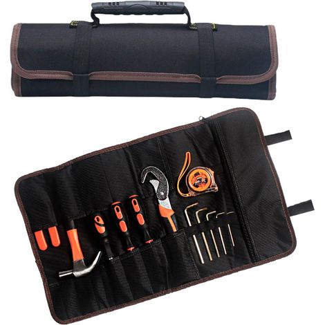 Sac à Outils Enroulable 14 Poches en Tissu Oxford Pochette à Outils pour électriciens 58 x 35 cm Étanche Organisateur de Rouleau à Outils Fourre-tout pour Charpentier Plombier Noir (1/5)
