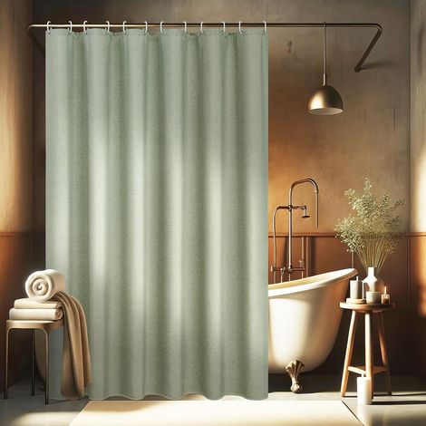 Rideau de douche en lin texturé vert 180 x 200 cm pour salle de bain Textile robuste Imperméable En polyester anti-moisissure Lavable Avec 12 anneaux (1/5)