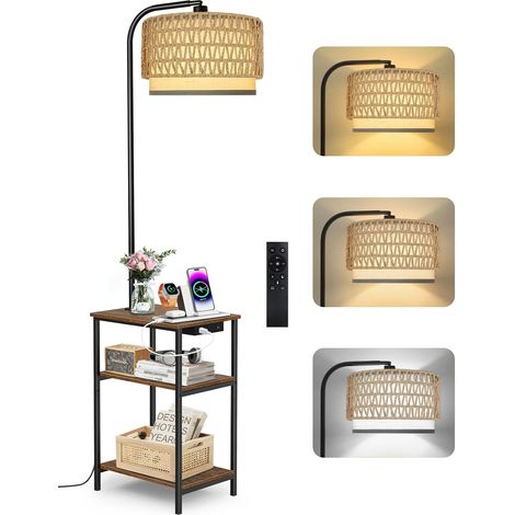 Lampadaire sur Pied avec Table d’Appoint et Abat-jour en Rotin, Lampe de Salon Dimmable à 3 Températures, Télécommande, Station de Charge, LED 12W et Étagères pour Salon ou Chambre (1/5)