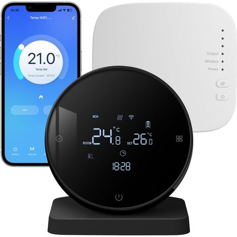 Thermostat Connecté à Pile pour Chaudière Gaz, sans Fil avec Récepteur, Chauffage au Sol, WiFi Intelligent, Programmable, Compatible Tuya/Alexa/Google Assistant - Noir