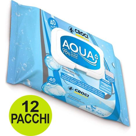 OFFERTA 12 Confezioni da 40 Salviette ciascuna umidificate sensitive Aqua più  idratazione e pulizia cani e gatti