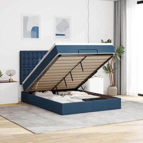 Cadre de lit ottoman avec matelas bleu 140x190 cm tissu (1/5)