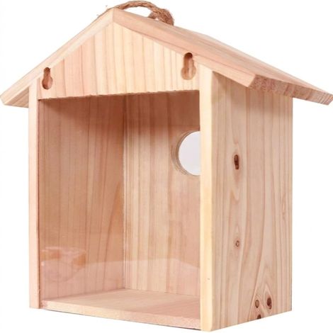 Comedero para pájaros tipo nido, de madera maciza, para montaje en pared, con ventosa, para uso exterior, jardín, ventana o habitación de mascotas, color madera. (1/5)