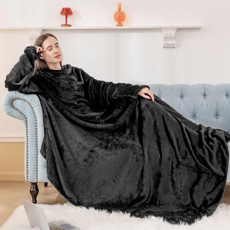 Kuscheldecke mit Ärmeln und Füßen 150x200cm Schwarz für Erwachsene (1/5)