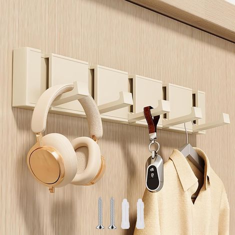 Ganchos de pared retráctiles modernos, 5 ganchos de color blanco crema, para baño o recibidor.