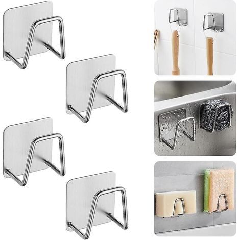 4 Pcs Porte-ponge Autocollant En Acier Inoxydable 5 X 5 X 3.2cm Argent Porte Eponge Cuisine Evier Crochet Autocollant Adhesif Support Eponge Evier (1/5)
