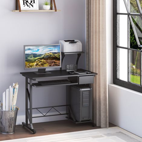 Bureau d'ordinateur compact en acier et bois. Bureau avec tiroir. Tablette coulissante pour clavier. 90 x 50 x 100 cm. Noir.