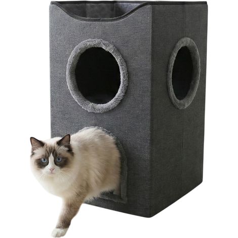 Niche maison pour chat pliable sur 2niveaux  36x61cm Gris Kira (1/5)