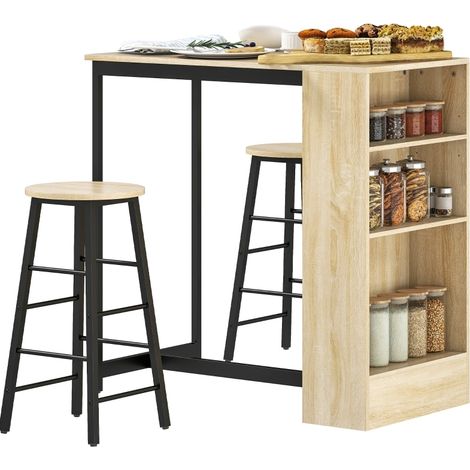 Ensemble table haute avec 2 tabourets en acier et mélaminé, rangement intégré, style moderne, pour cuisine et salle à manger (1/5)
