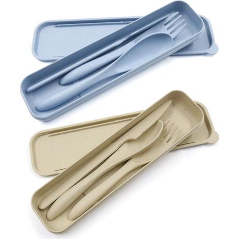 Ensemble de couverts portables en paille de blé (2 pièces) - Cuillère et fourchette réutilisables - Idéal pour voyages, pique-niques et camping - Couleur beige et bleu (1/5)