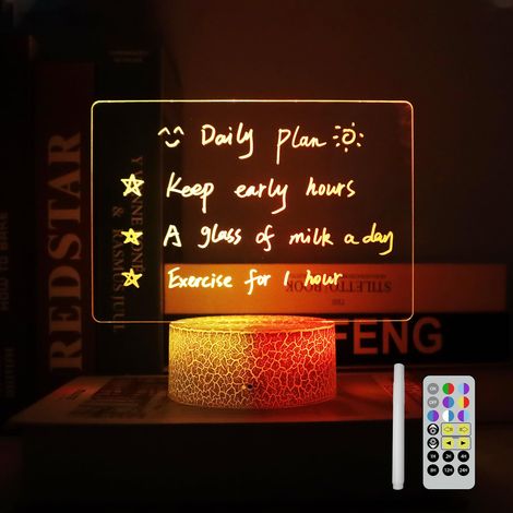 Tableau mémo en acrylique effaçable à sec avec lumière, 7 couleurs, tableau mémo de bureau transparent avec télécommande et minuterie, veilleuse 3D à intensité variable, panneau de messages lumineux (1/5)