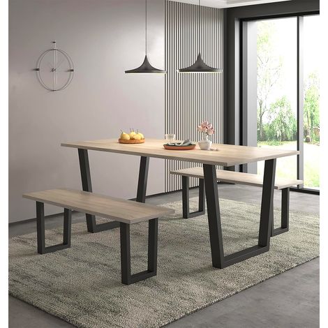 Hallowood Furniture Dudley Dining Table and Bench Set, 180cm Industrial Style Kitchen Table with Black Metal U Shaped Legs and Two Dining Benches, Modern Kitchen Bench Set for Home