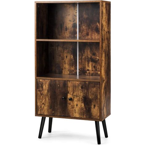 GOPLUS étagère à Livres avec 2 Compartiments Ouverts et 1 Armoire,Bibliothèque Style Retro avec Pieds en Bois de Pin, 60X30X120 CM (1/5)
