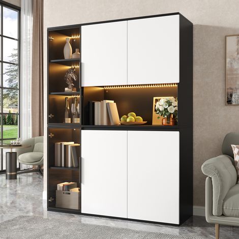 Credenza alta nera e bianca con vetrine, LED integrato e struttura in MDF (1/5)