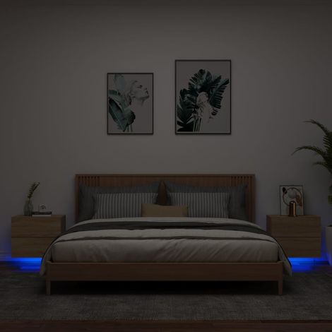vidaXL Tables de chevet murales avec lumières LED 2 pcs chêne sonoma (1/6)