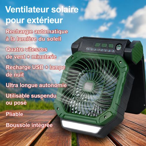 Ventilateur de camping solaire portable vert X16 avec éclairage LED et crochet x16 réf 5072 17,6 × 17,6 × 25 cm 1,1 kg – Livraison gratuite