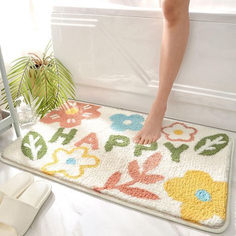 Rutschfeste Badematte 40 x 60 cm mit Cartoon-Pflanzen- und Blumenmotiven, wasserabsorbierend, weiche Badematte, Duschmatte für Badewanne, WC und Fußablage (1/5)