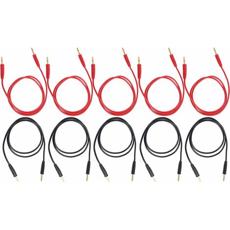 Lot de 5 câbles de test banane mâle-mâle, prise 4mm rouge + noir, laiton nickelé doré à souder 70003 (1/5)