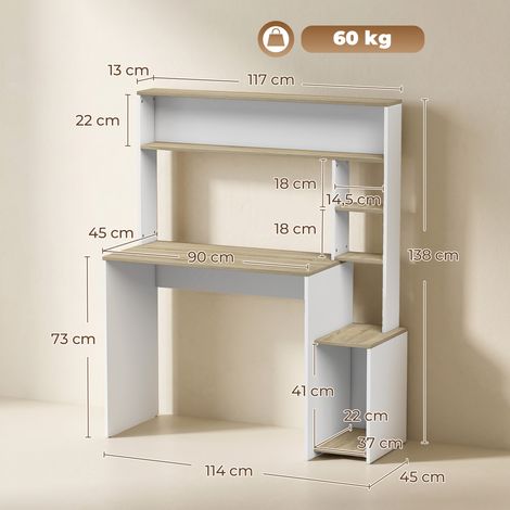 Bureau d'ordinateur 114x45x138 cm, meuble avec étagères ouvertes et support CPU, finition blanc et bois clair (1/4)