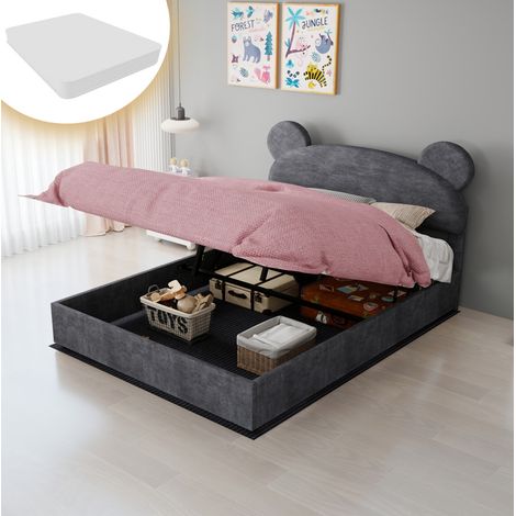 Lit enfant rembourré en velours gris 140x200 cm avec coffre relevable, tête de lit oreilles rondes et matelas inclus