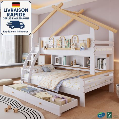 Litera infantil 90 x 200 / 120 x 200 - 2 cajones con ruedas, escalera inclinada de 4 peldaños, estantes, techo decorativo, madera blanca/natural (1/5)