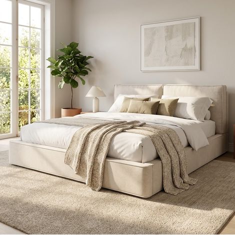 Doppelbett 180x200 cm Beige Chenille mit Stauraum und gepolstertem Kopfteil (1/5)