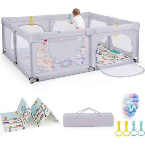 COSTWAY Box per Bambini con Materassino, Recinto per Bambini 189 x 158 cm con 4 Anelli e 50 Palline Colorate, Rete Traspirante, Tasca e Borsa, Box Giochi per Bambini 0-3 Anni (Grigio Chiaro)