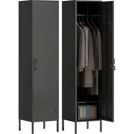 Armoire métallique noire avec porte verrouillable et penderie, acier, 40 x 40 x 179 cm (1/4)