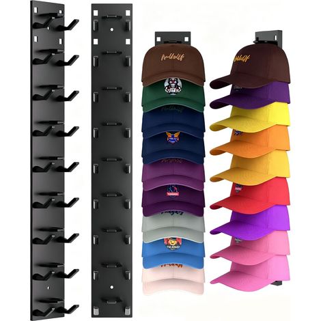 Lot de 2 organiseurs de chapeaux pour casquettes de baseball - Rangement mural - Crochet adhésif noir - Support multifonction pour 20 chapeaux - Design multicouche peu encombrant pour porte et armoire (1/5)