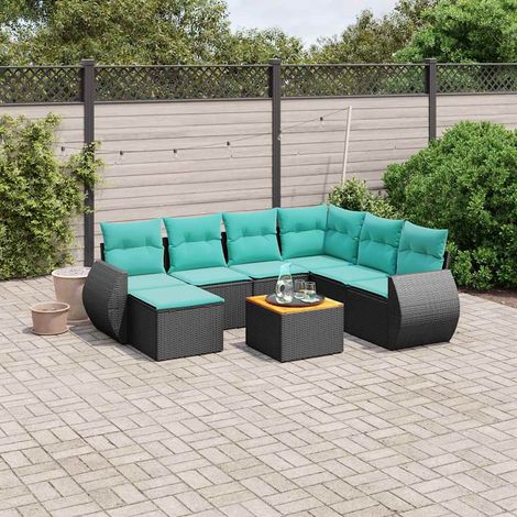 Salon de jardin modulable 8 pièces en rotin PE noir avec coussins bleus - PANGIVO (1/5)