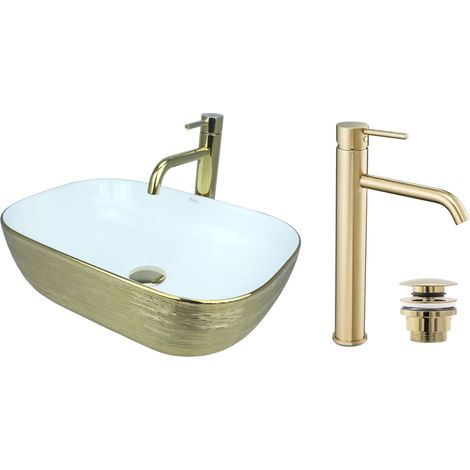 GTM Design Aufsatzwaschbecken 46 cm Glanz Set mit Waschtischbatterie und Stopfen - Aufsatzwaschbecken Oval für Badezimmer - Modernes Waschbecken ohne Hahnloch - Waschbecken mit Armature (1/5)