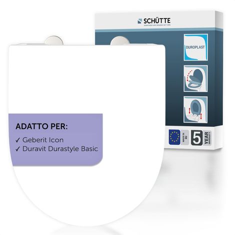 SCHÜTTE Sedile WC adatto per Geberit Icon, Duravit DuraStyle Basic, con abbassamento automatico Made in EU, coperchio rimovibile in Duroplast infrangibile, coperchio WC e occhiali fino a 250 kg di (1/5)
