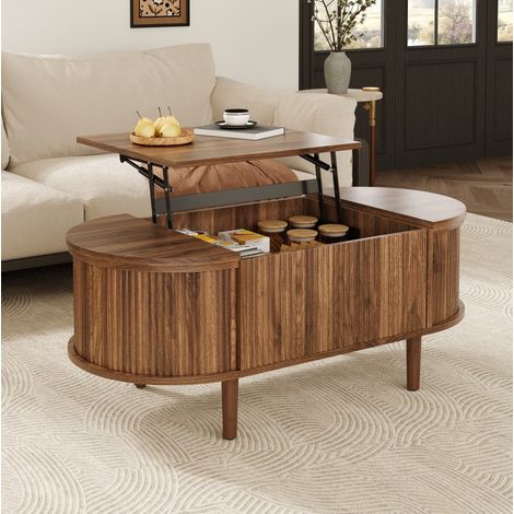 Table basse relevable ovale vintage avec rangement, MDF, couleur noyer, 100 x 48 x 53,5 cm (1/5)