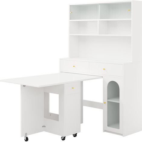 Ensemble armoire de cuisine avec table pliante à roulettes et bar, blanc, pour cuisine et salon (1/5)