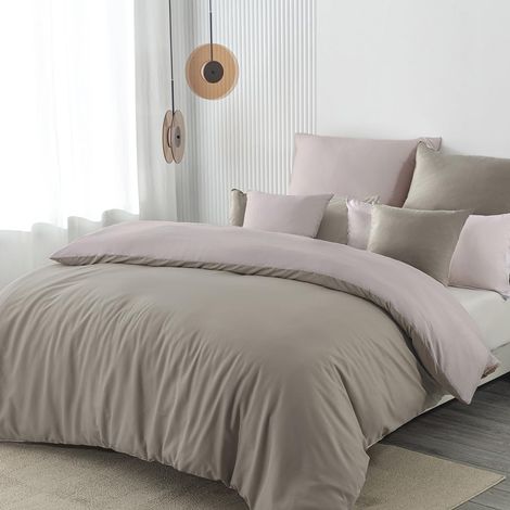 Parure de lit 2 pièces en microfibre 155 x 220 cm - Taupe/Beige - Housse de couette réversible douce et sans repassage - 1 housse de couette + 1 taie d'oreiller 80 x 80 cm avec fermeture (1/5)