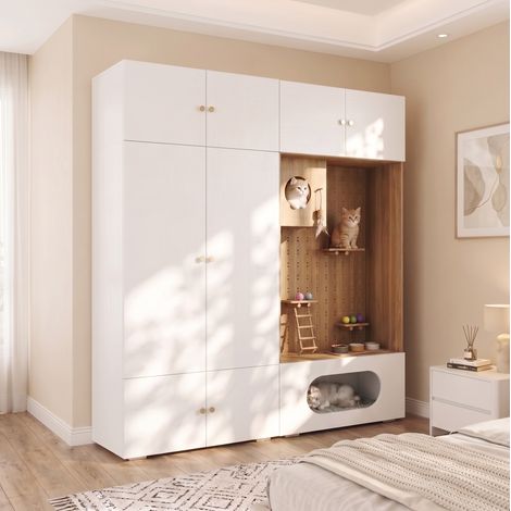 Armadio guardaroba con spazio per gatti, 180x50x202 cm, bianco effetto legno DESVIAE (1/5)