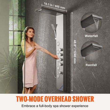 Colonne de douche inox 304 murale, 4 modes pluie cascade jets massage corps 5 et pomme portable 3 fonctions tuyau 1.5m (1/5)