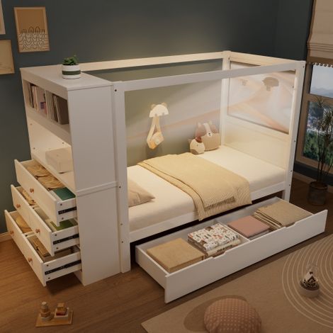 Lit simple - lit 90x200 cm - avec protection anti-chute, commode 5 tiroirs, tiroir à roulettes - en bois - blanc - sans matelas (1/5)