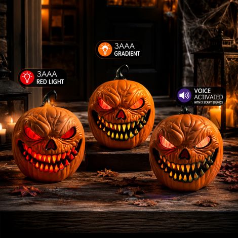 Lanterne citrouille LED clignotante activée par le son, visage effrayant avec des crocs, lampe citrouille d'Halloween à piles, décoration de table effrayante pour la maison et les fêtes.