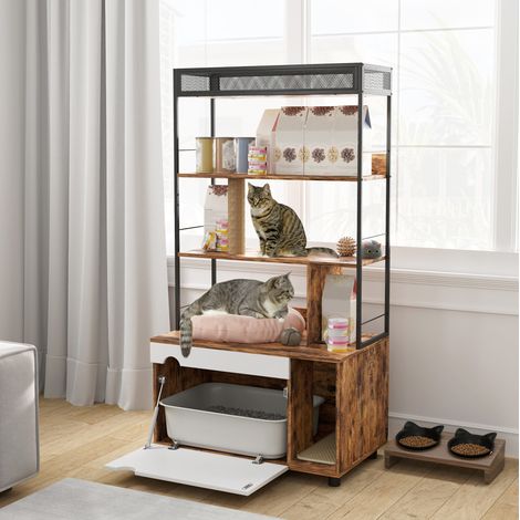 Mobile lettiera per gatti 2 in 1 con scaffale a 3 livelli e tiragraffi, marrone DESVIAE (1/5)