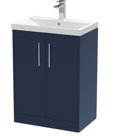 Winshill Contemporary 2 Door Floor Standing Vanity Unit with Thin Edge Basin, Dark Blue, 600mm