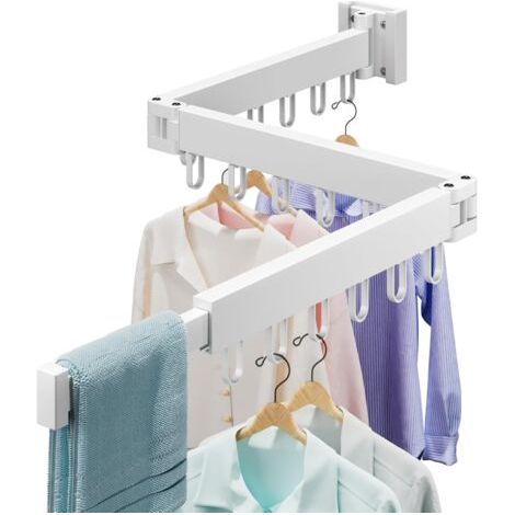 Portant à vêtements pliable (trois volets), extensible, mural, avec 18 crochets, un indispensable pour suspendre les vêtements, blanc. (1/5)