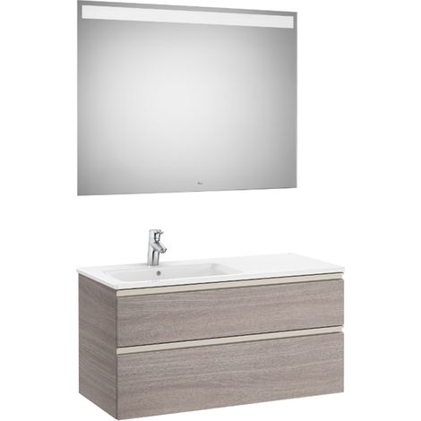 Pack meuble "The Gap" 1000 - 2 tiroirs + lavabo slim gauche + miroir LED - city oak/poignées nickel mat - Roca (1/2)