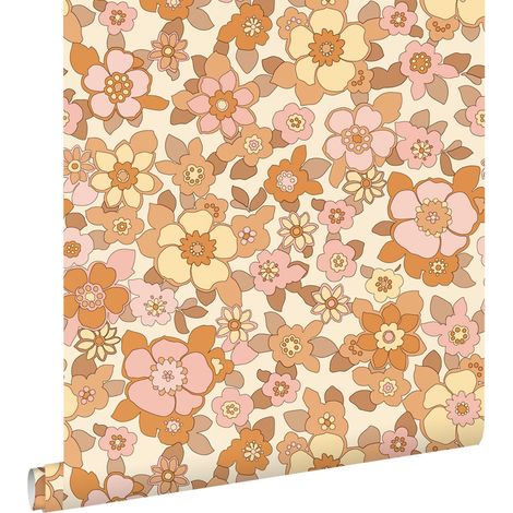 papier peint fleurs rétro orange et rose - ESTAhome (1/5)