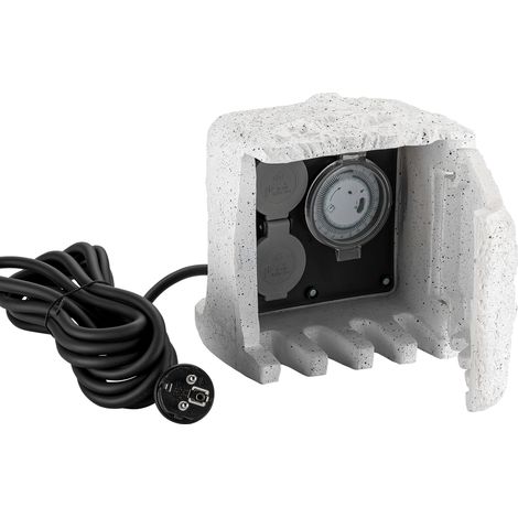 Piedra enchufe jardín 2 Tomas corriente Cable 5m Resina IP44 Temporizador Accesorios jardín Exterior